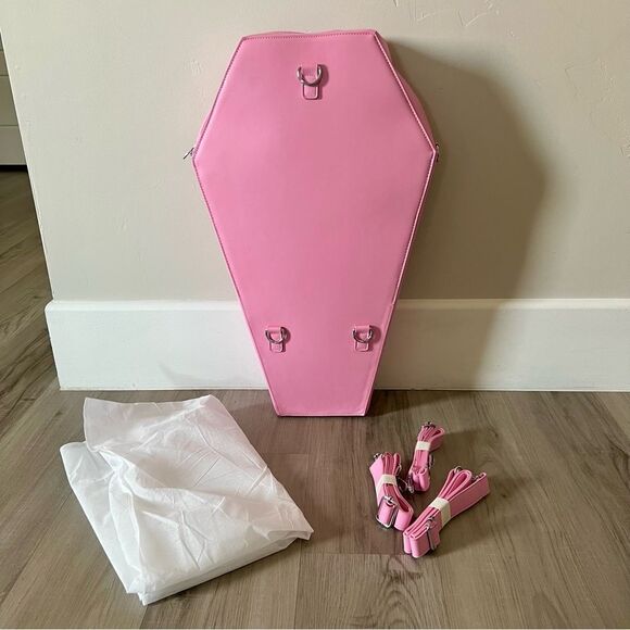 Dolls Kill oversize pink and black skull spiderweb coffin backpack. New in box - Picture 3 of 15